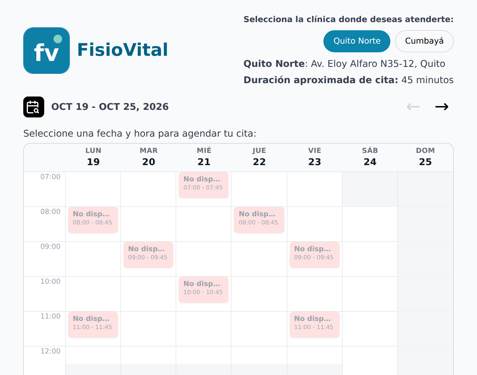 Página pública de reservas de un centro con su logo, sus dos clínicas y los horarios disponibles de la semana