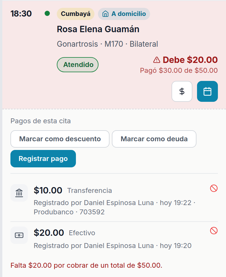 Cita en Pockitmed con pago parcial en efectivo y transferencia, quién lo registró y el saldo que falta por cobrar