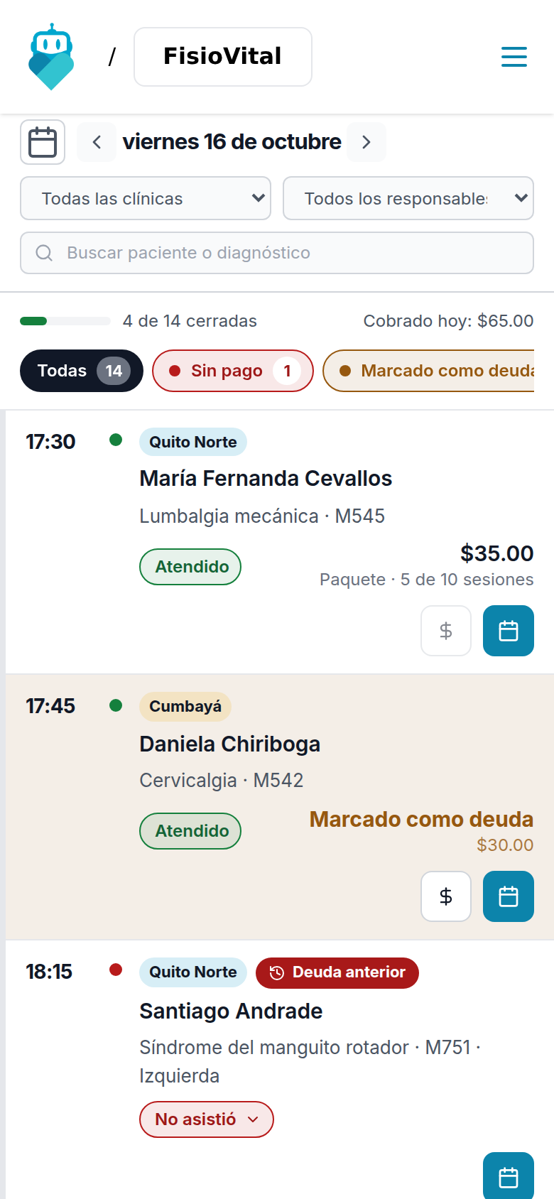 Agenda del día en Pockitmed con citas de dos clínicas en distintos estados, sesiones de paquete, deudas pendientes y lo cobrado hoy